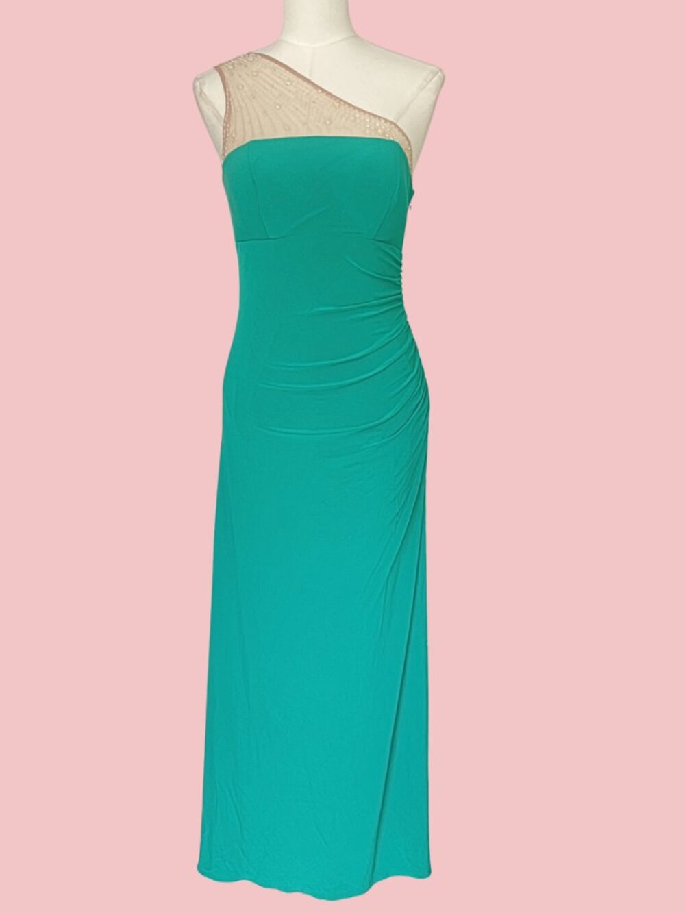 Vintage Y2K Xscape Emerald One Shoulder Beaded Mesh Formal Dress